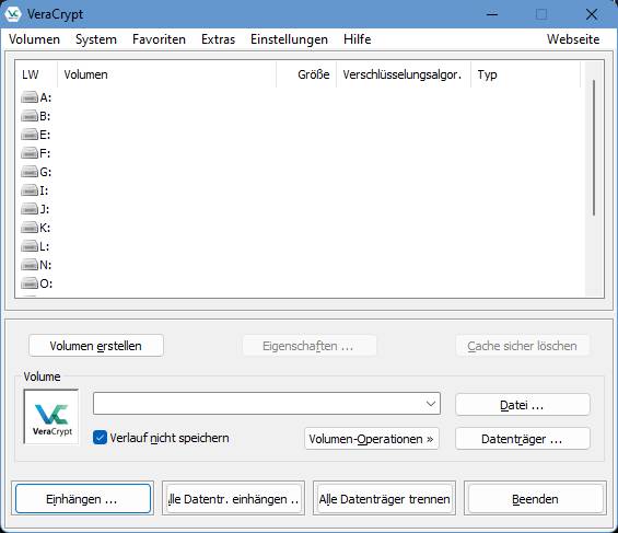 Schon sind die Menüs in Deutsch VeraCrypt Hauptfenster