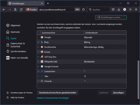 In der Firefox-Suchmaschinenverwaltung ist jetzt ein Hinzufügen-Knopf erschienen