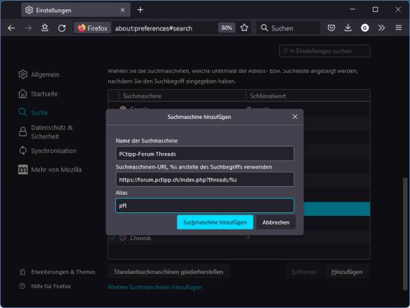 Das Hinzufügen einer Suchmaschine im Firefox, mit derselben Methode wie in Chrome