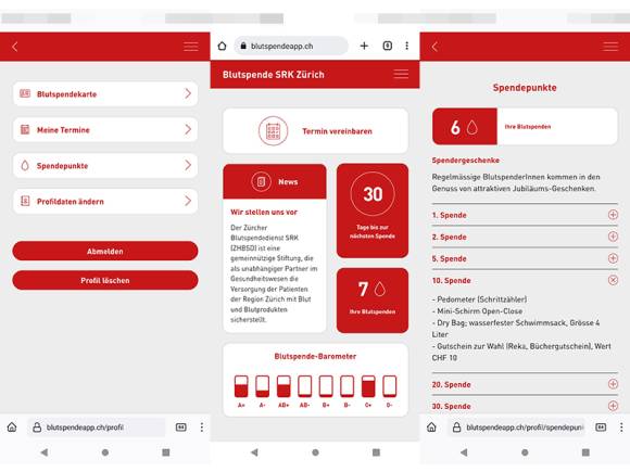 Blutspende-Web-App eingeloggt