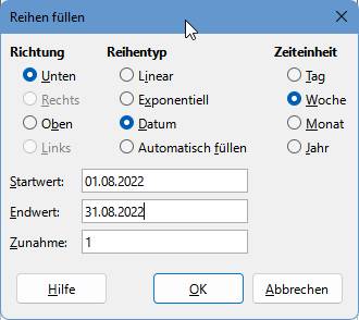 Die Option ist mit «Woche» missverständlich benannt. Sie müsste eigentlich «Wochentage» heissen. Die Dialogbox "Reihe füllen" in LibreOffice Calc