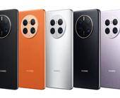 Fünf Geräte der Huawei-Mate-50-Reihe in Schwarz, Orange, Silber, Blasslila
