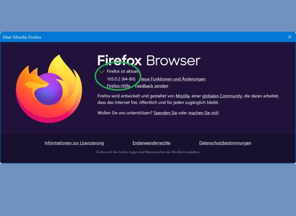 Die Versionsinfo dieses Firefox zeigt: hier ist schon 64 Bit vorhanden 