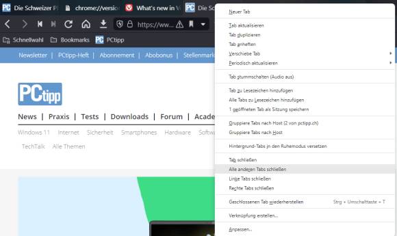 Das Tab-Kontextmenü im Webbrowser Vivaldi 