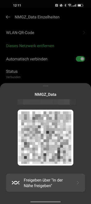 Screenshot mit dem (von uns unkenntlich gemachten) QR-Code fürs WLAN-Teilen