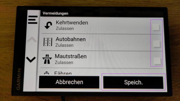 Die Vermeidungsoptionen auf dem Garmin-Display