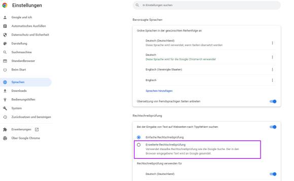 Die Funktion erweiterte Rechtschreibung in Google Chrome