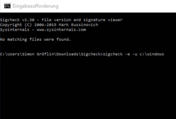 Eingabeaufforderung mit dem SigCheck-Befehl 
