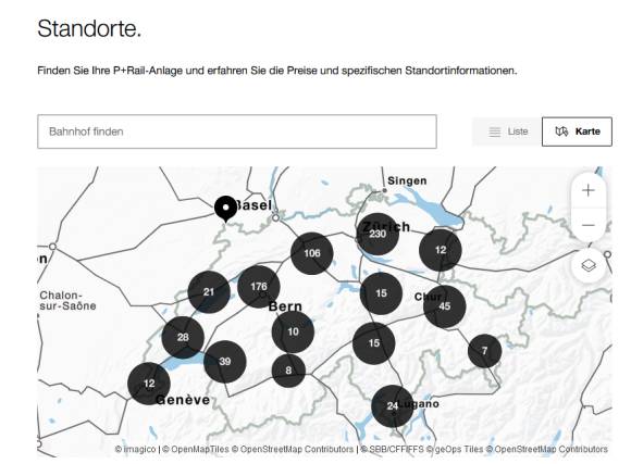 Schweizerkarte mit Lage von P+Rail-Parkplatz-Standorten