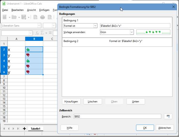 Einfache rote und grüne Daumen-hoch- und -runter-Symbole in LibreOffice Calc