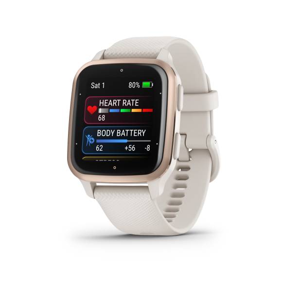 Die Venu Sq 2 in Weiss zeigt Herzfrequenz und Body Battery