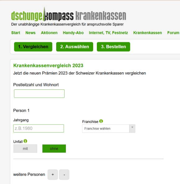 Screenshot Prämienrechner von dschungelkompass.ch