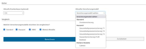 Screenshot Priminfo, Auswahl des Versicherungsmodells