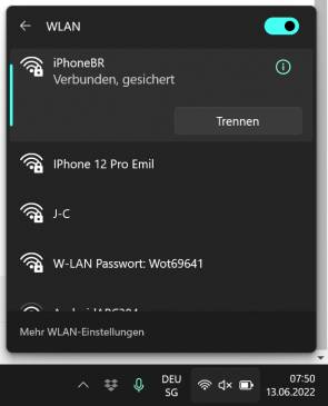 Screenshot der WLAN-Verbindungseinstellungen unter Windows