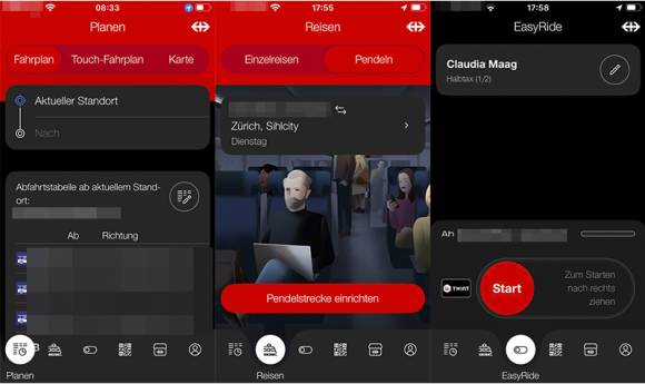 Nebeneinander stehen drei Screenshots aus der SBB-App 