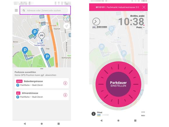 Zwei Screenshots aus der EasyPark-App 