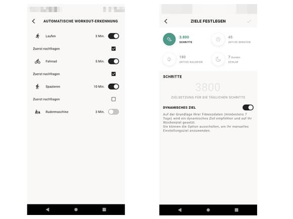 Zwei Screenshots zeigen die Schrittziel-Einstellungen in der App