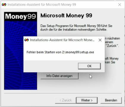 Klarer Fall: Unter Windows 11 sollte Money 99 nicht mehr laufen Fehlermeldung beim Installationsversuch von MS Money