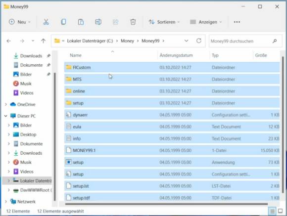 Die markierten Dateien im Money99-Unterordner