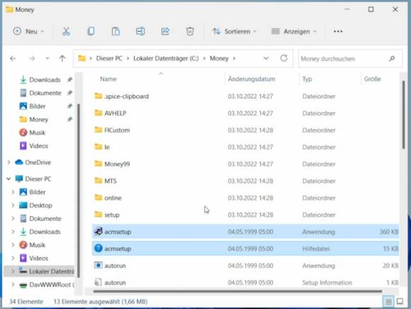 Die soeben eingefügten Setup-Dateien im Money-Ordner