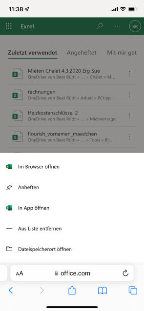 Screenshot von Office Online auf dem Smartphone