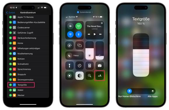 Drei iPhones zeigen schrittweise, wie die Funktion für die Skalierung von Schriften aktiviert wird