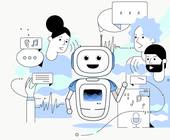 Computerzeichnung zeigt einen lächelnden Roboter, umgeben von Personen und Sprechblasen