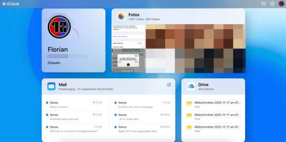 Screenshot von iCloud-Elementen wie Mail, Fotos und Drive 