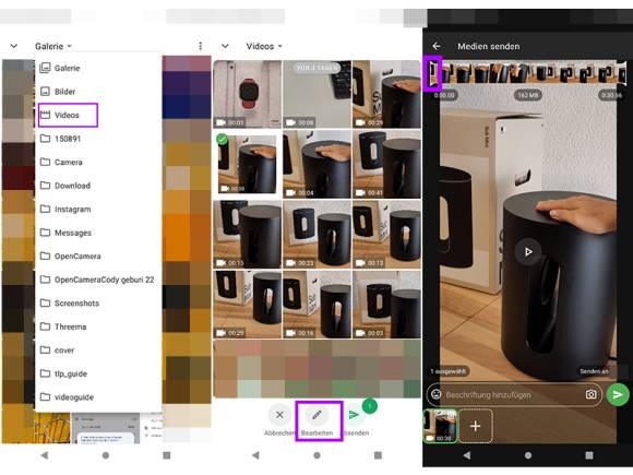 Drei Screenshots nebeneinander zeigen den Weg zum Bearbeiten eines Videos in Threema