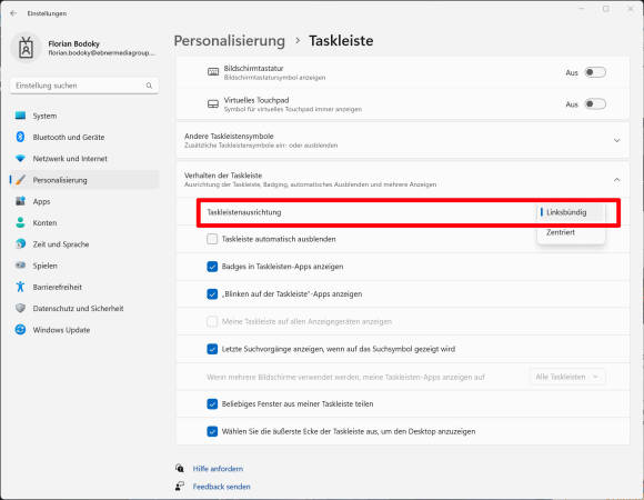 Windows-Einstellungen zum Taskleisten-Verhalten 