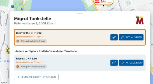 Hinterlegte Preise einer Migrol-Tankstelle in Zürich