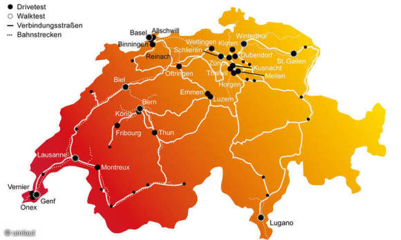 Schweizer Karte zeigt die Testrouten und -orte