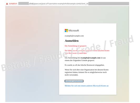 Sperrmeldung im gefälschten Microsoft-Office-365-Anmeldefenster Screenshot der gefälschten Konto-Sperrmeldung