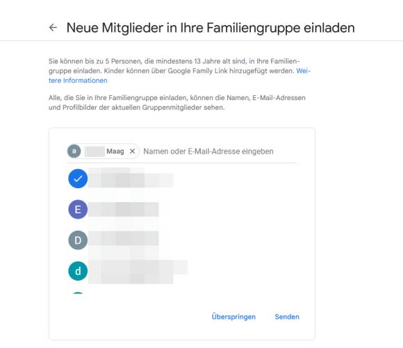 Screenshot zeigt Einladungsmöglichkeit in Familiengruppe