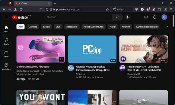 Die normale YouTube-Webseite, im Dark Mode