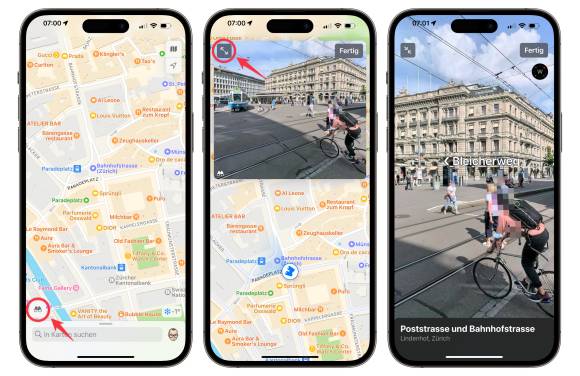 Drei iPhones zeigen nebeneinander, wie die Funktion ‹Look Around› aufgerufen wird