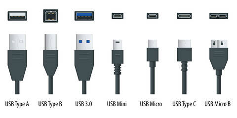 Nebeneinander sind die Stecker der verschiedenen USB-Standards abgebildet