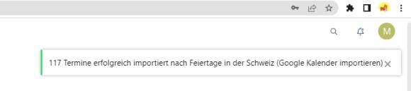 Meldung Termine vom Kalender erfolgreich importiert