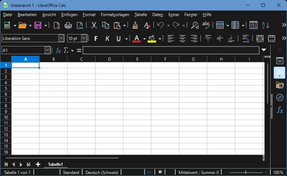 LibreOffice Calc im Dunkelmodus und mit angepasstem Symbol-Design