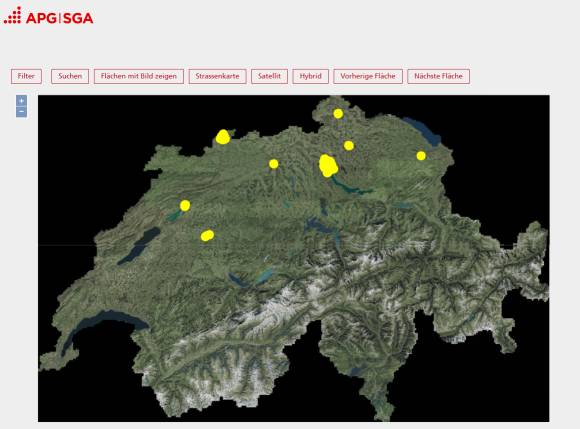 Screenshot Schweizer Karte mit markierten Standorten der APG-Telefonkabinen