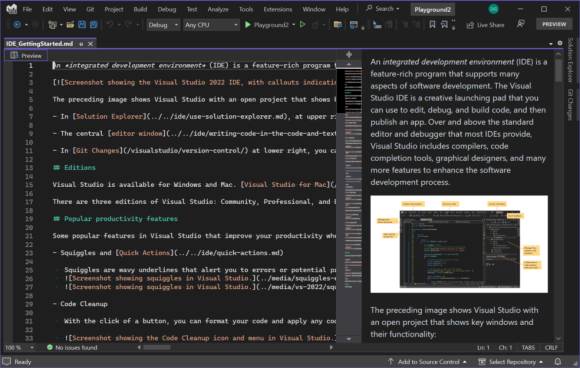 Markdown-Bearbeitung in Visual Studio 2022 v17.5: Die Markdown-Vorschau ist auf der rechten Seite geöffnet. 