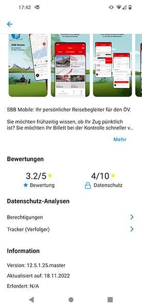 Auf einen Blick sehen Sie eine App-Bewertung (1–5) und eine Datenschutz-Bewertung (1–10). Beides wird automatisch aus den Benutzerbewertungen bzw. aus den Berechtigungen und Trackern, die aufgespürt werden, errechnet Datenschutz-Bewertung in App-Lounge