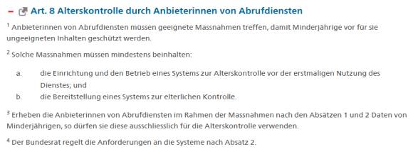 Jugendschutzgesetz/Art 8 Alterskontrolle durch Anbieterinnen von Abrufdiensten