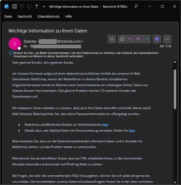Screenshot der Mail, mit der Statista die eigenen Kunden über den Mailchimp-Datenabfluss informiert