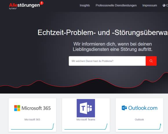 Screenshot von allestörungen.ch zeigt: Microsoft 365, Teams und Outlook haben Probleme 