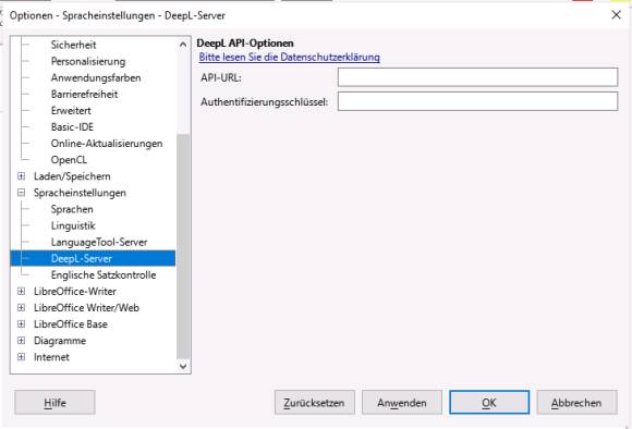Das Einstellungsfenster zum Einbinden der DeepL-Übersetzung
