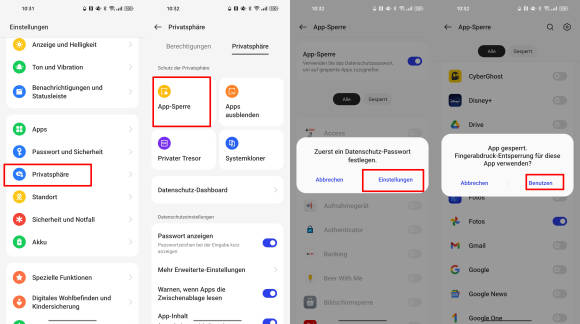 Screenshots zeigen den Weg zu den App-Sperrungs-Einstellungen 