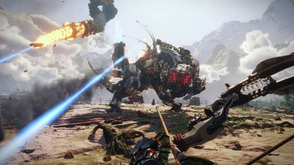 Spielszene zeigt Kampf gegen einen Thunderjaw (Donnerkiefer)