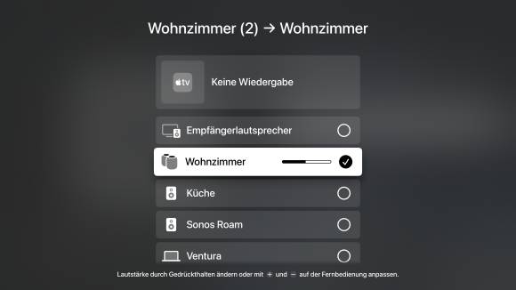 Die Einstellungen von Apple TV zeigen die Auswahl der Lautsprecher