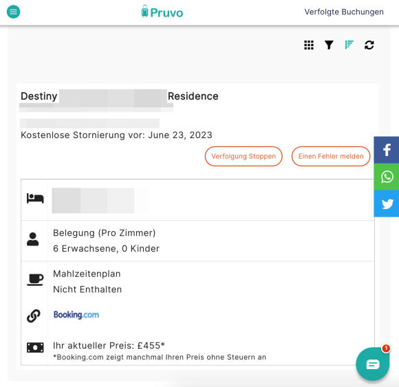 Screenshot einer Hotelbuchung in Pruvo 